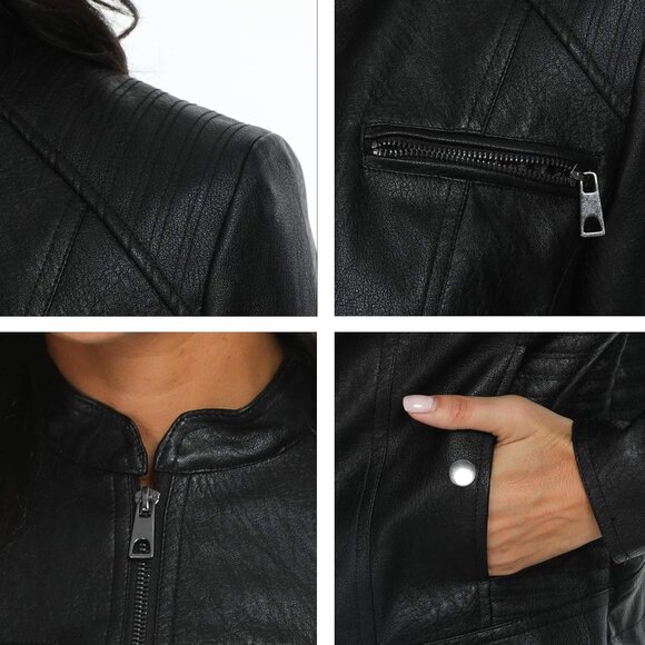 Women's Faux Leather Jackets Motorcycle PU Moto Biker Outwear Coat Black - Picture 6 of 6